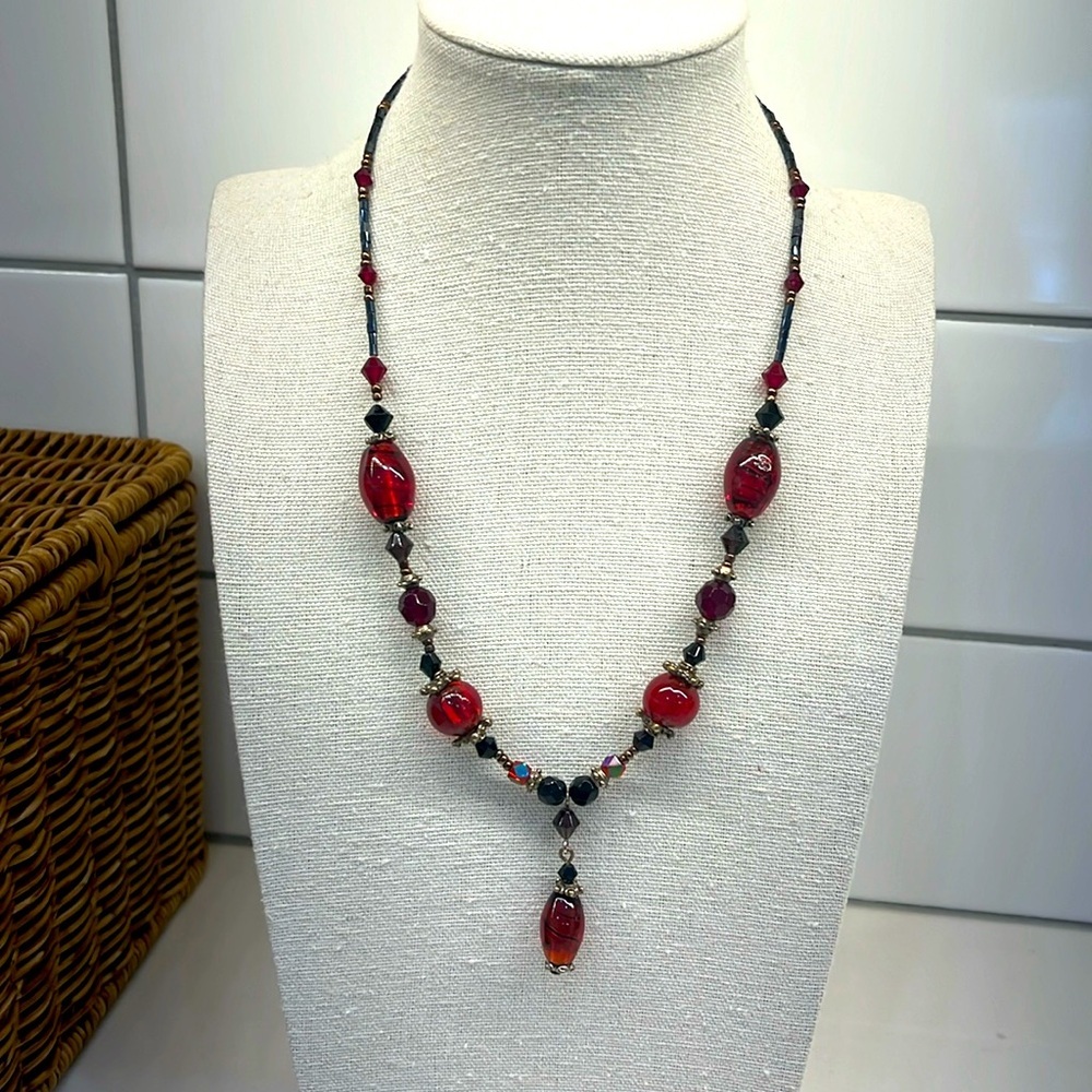 Retro Red Beaded “Y” Shaped Necklace with a Teardrop Glass Beaded Pendant